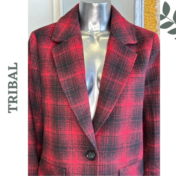 Tribal Red Black Plaid Collared Jacket Single Breasted Size Small - Picture 6 of 8